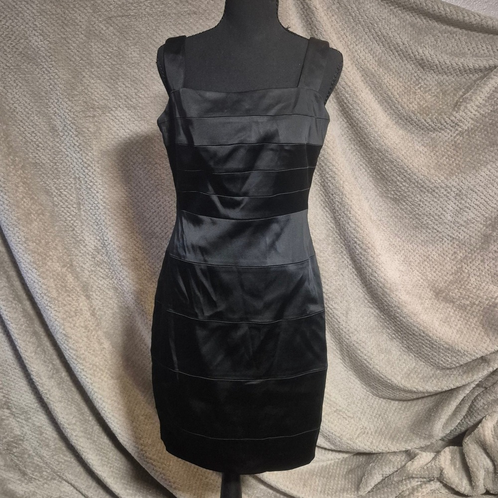 Cache Womens Black Satin Tiered Bandage Cocktail Dress Size 8 Square Neck